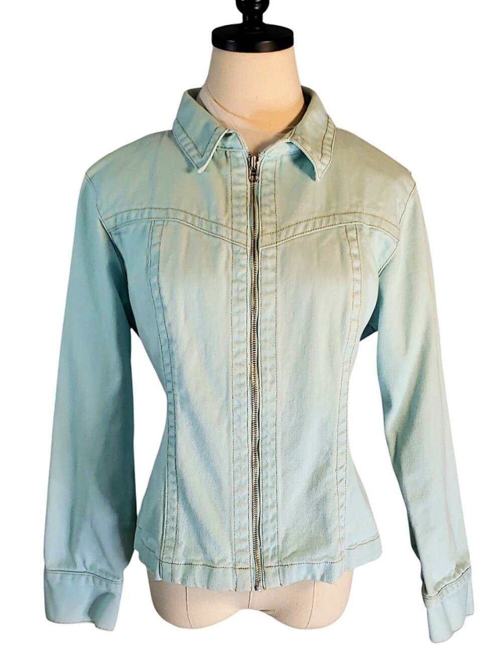 CAbi #254 Light Aqua Denim Trucker Zip-Front Upcycled Jacket L Skull Festival